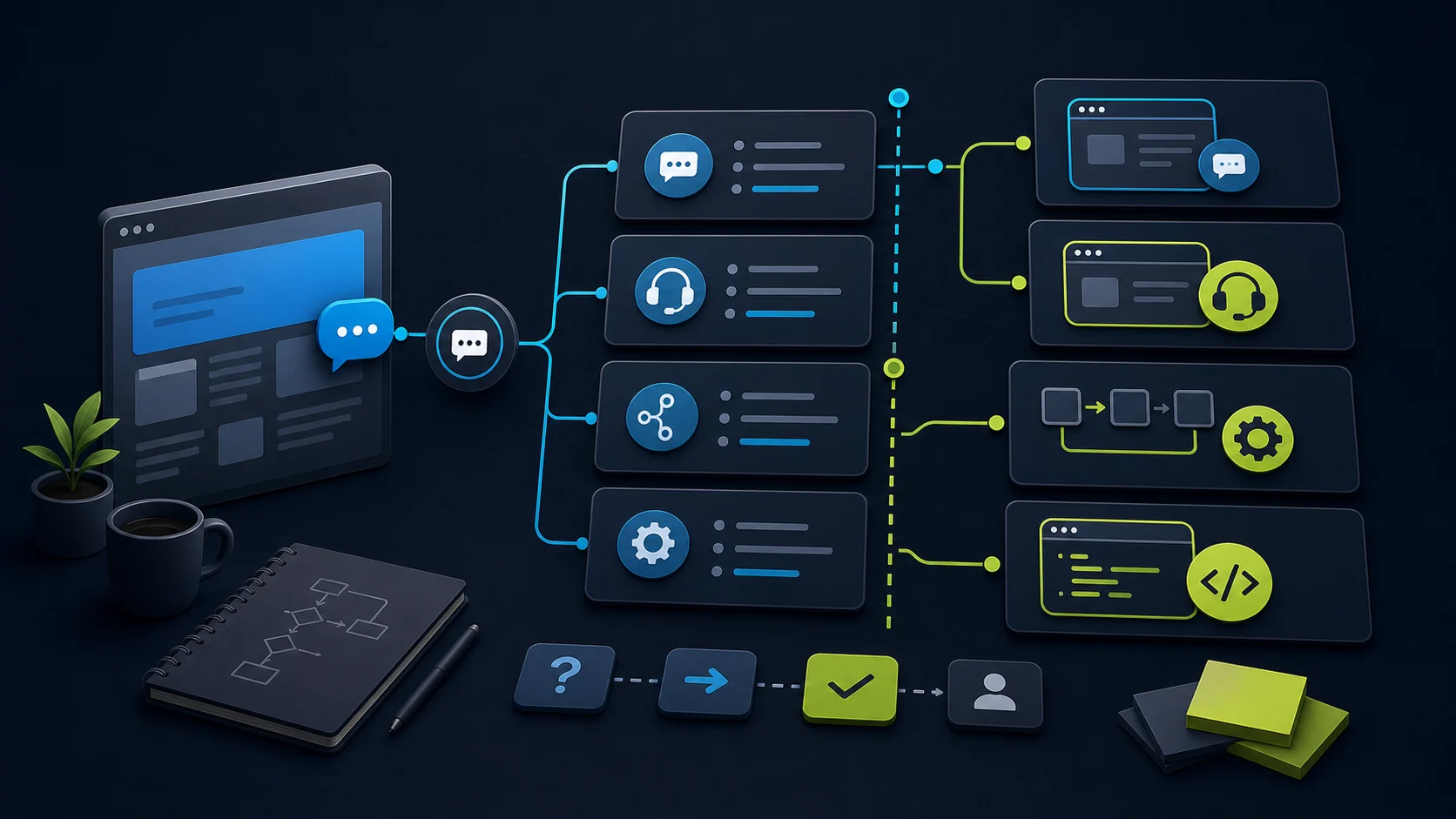 Editorial decision-boundary image separating website chatbots, support AI agents, workflow agents, and custom agent systems.