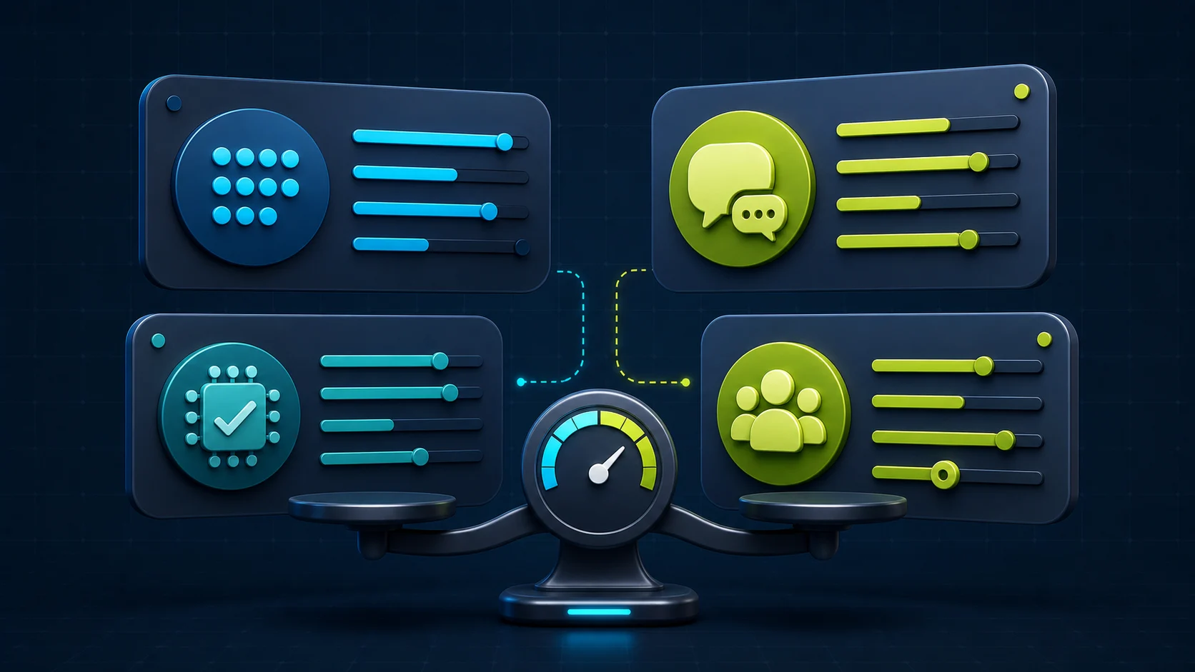 Editorial illustration of different AI chatbot pricing meters, including message credits, conversations, resolutions, seats, and add-ons.