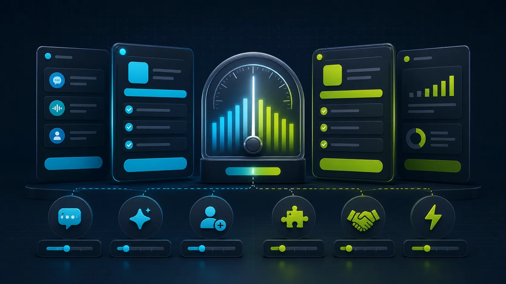 Editorial illustration of AI chatbot pricing units, plan thresholds, and add-on levers.