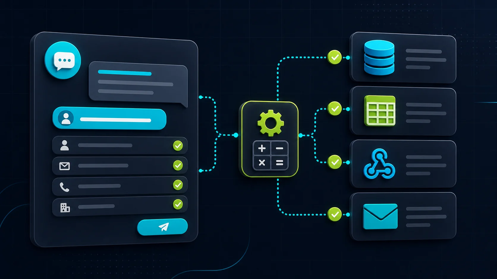 Editorial illustration of a chatbot lead intake panel routing fields through a tested workflow to a database, spreadsheet, webhook, and team inbox.