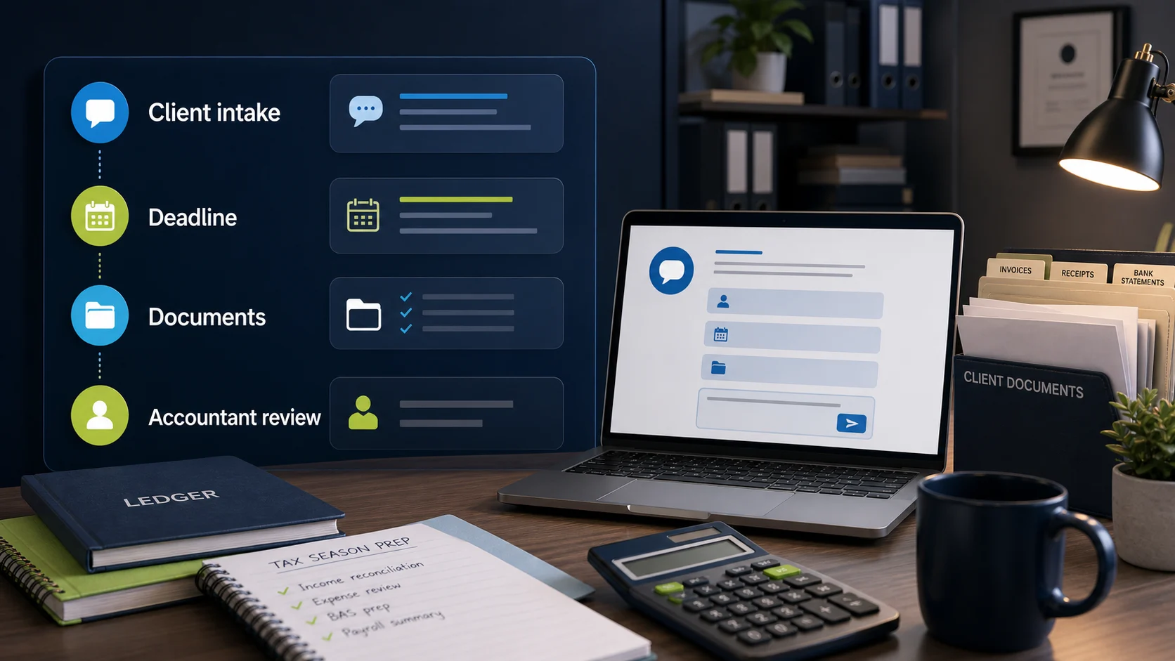 Accounting desk with chatbot client-intake checklist, deadline, document, and accountant-review cues.