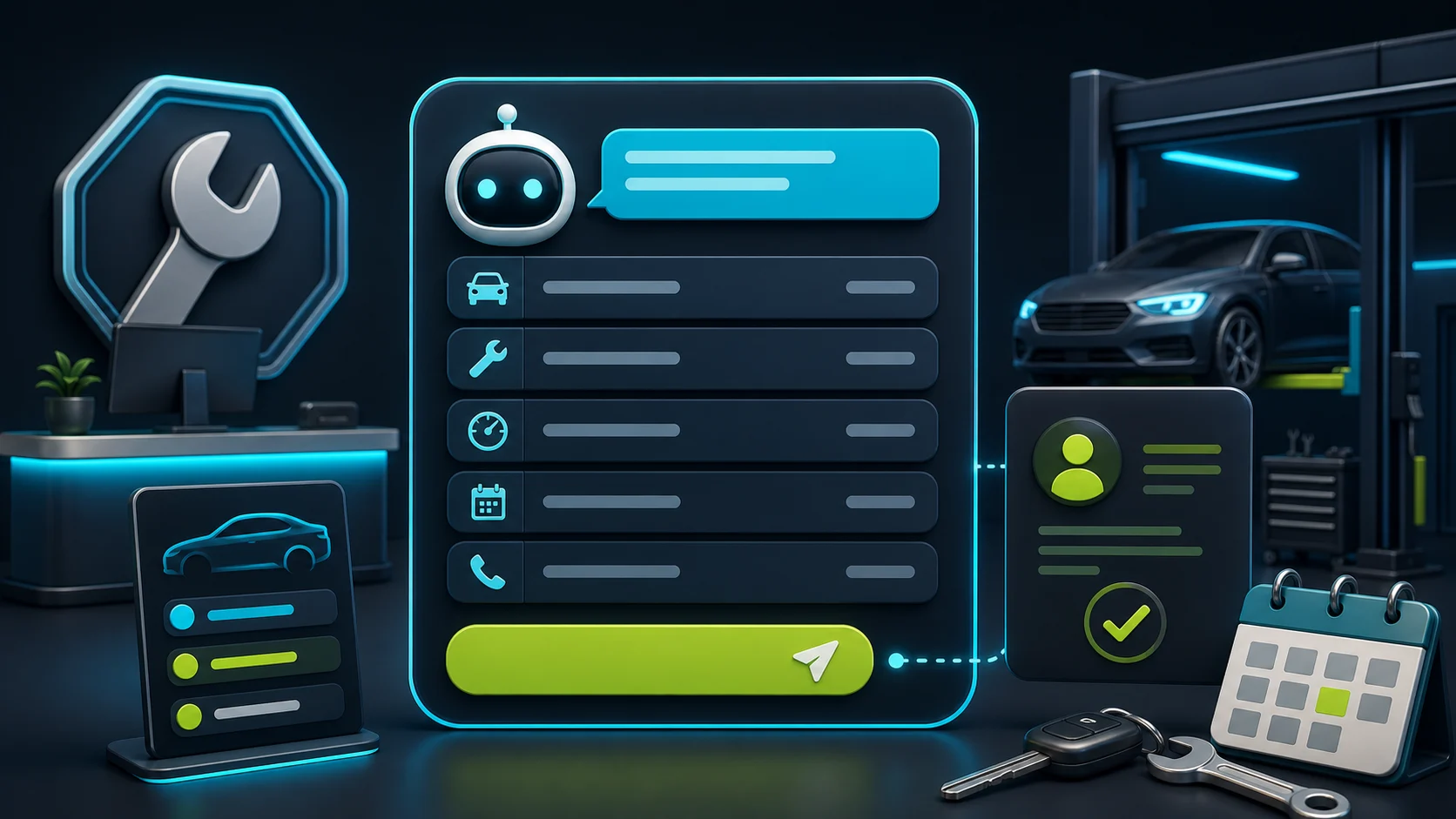 Editorial illustration of an auto repair chatbot collecting vehicle details, issue summary, urgency, preferred visit time, and service-advisor handoff.