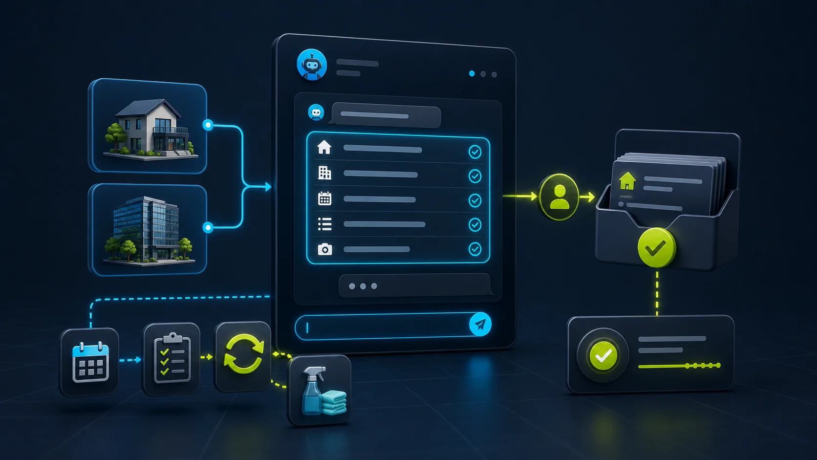 Editorial illustration of a cleaning-business chatbot collecting property, schedule, and quote details before human review.