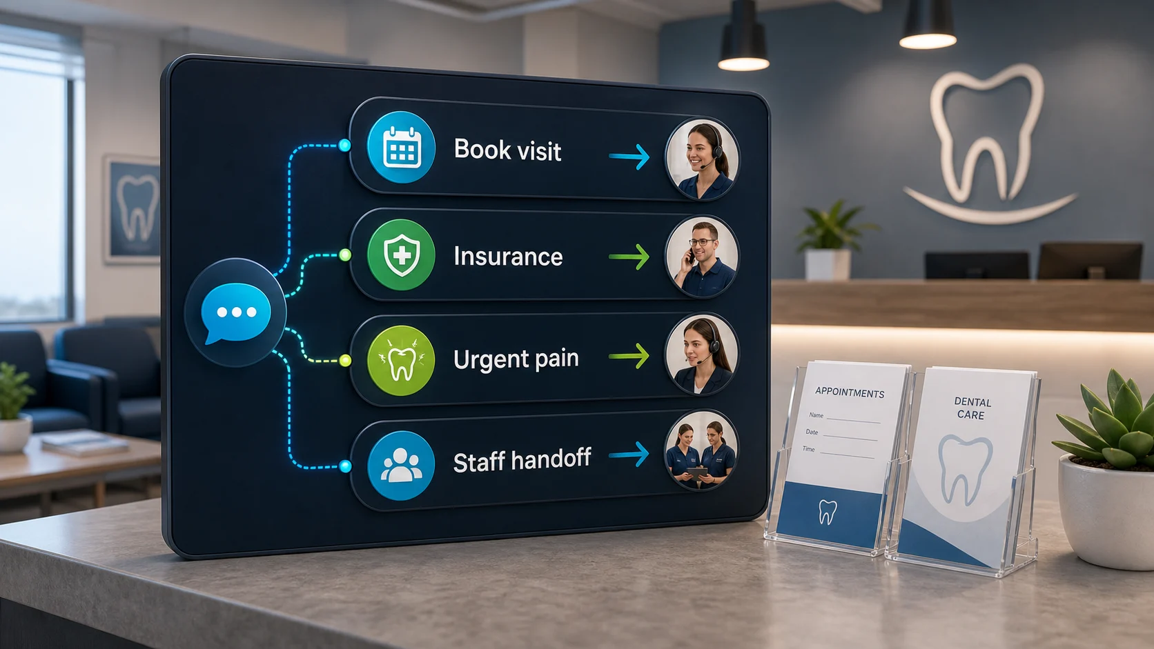 Dental reception with chatbot routing for visit booking, insurance questions, urgent pain, and staff handoff.