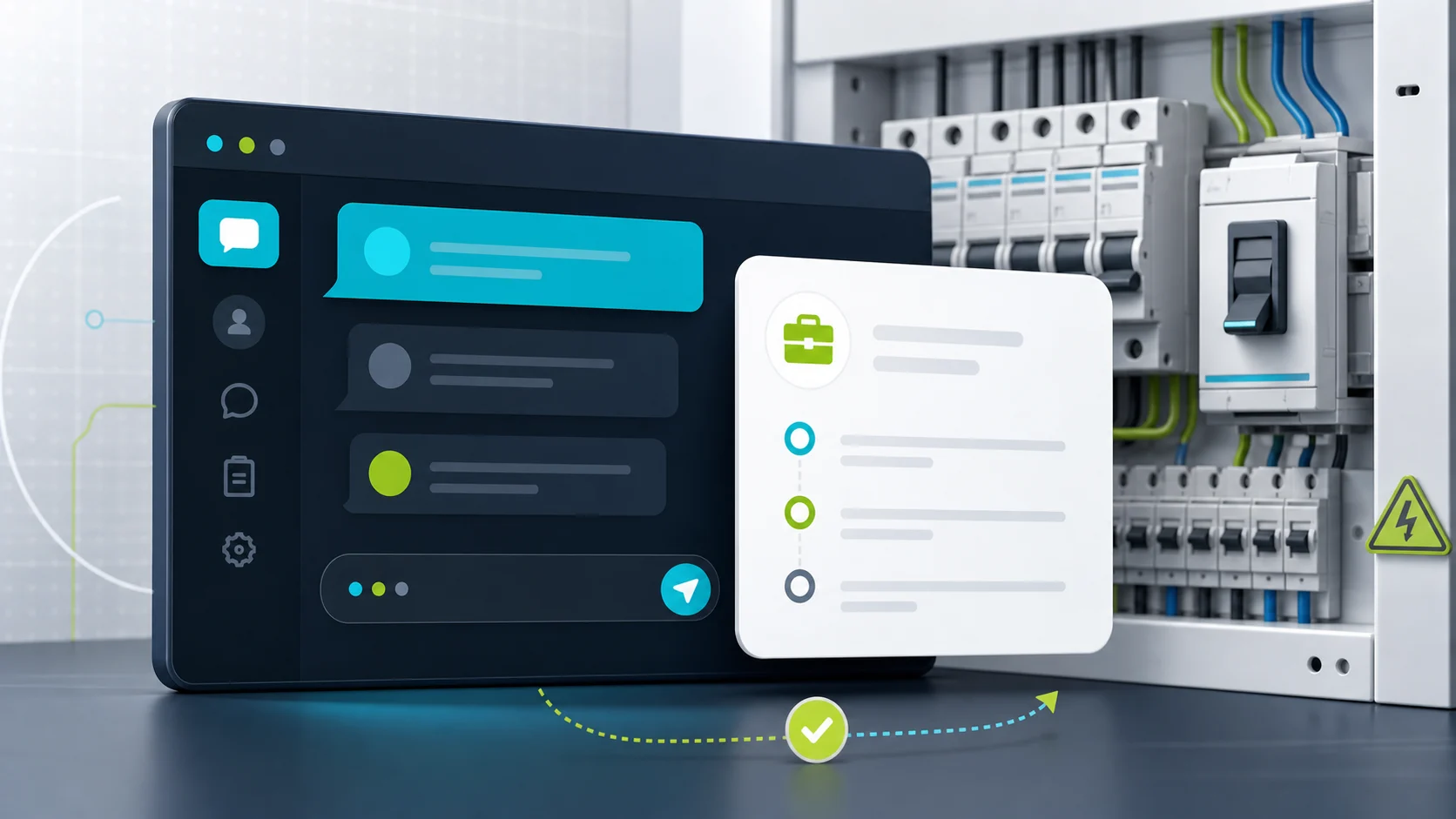 Editorial illustration of an electrician website chatbot collecting a job brief and handing off safety-sensitive enquiries.