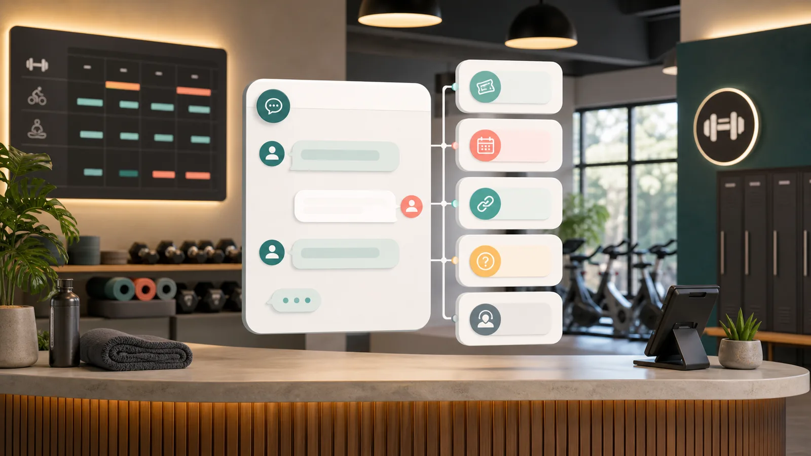 Gym reception desk with chatbot intake cards for class questions, trial passes, booking links, and staff handoff.