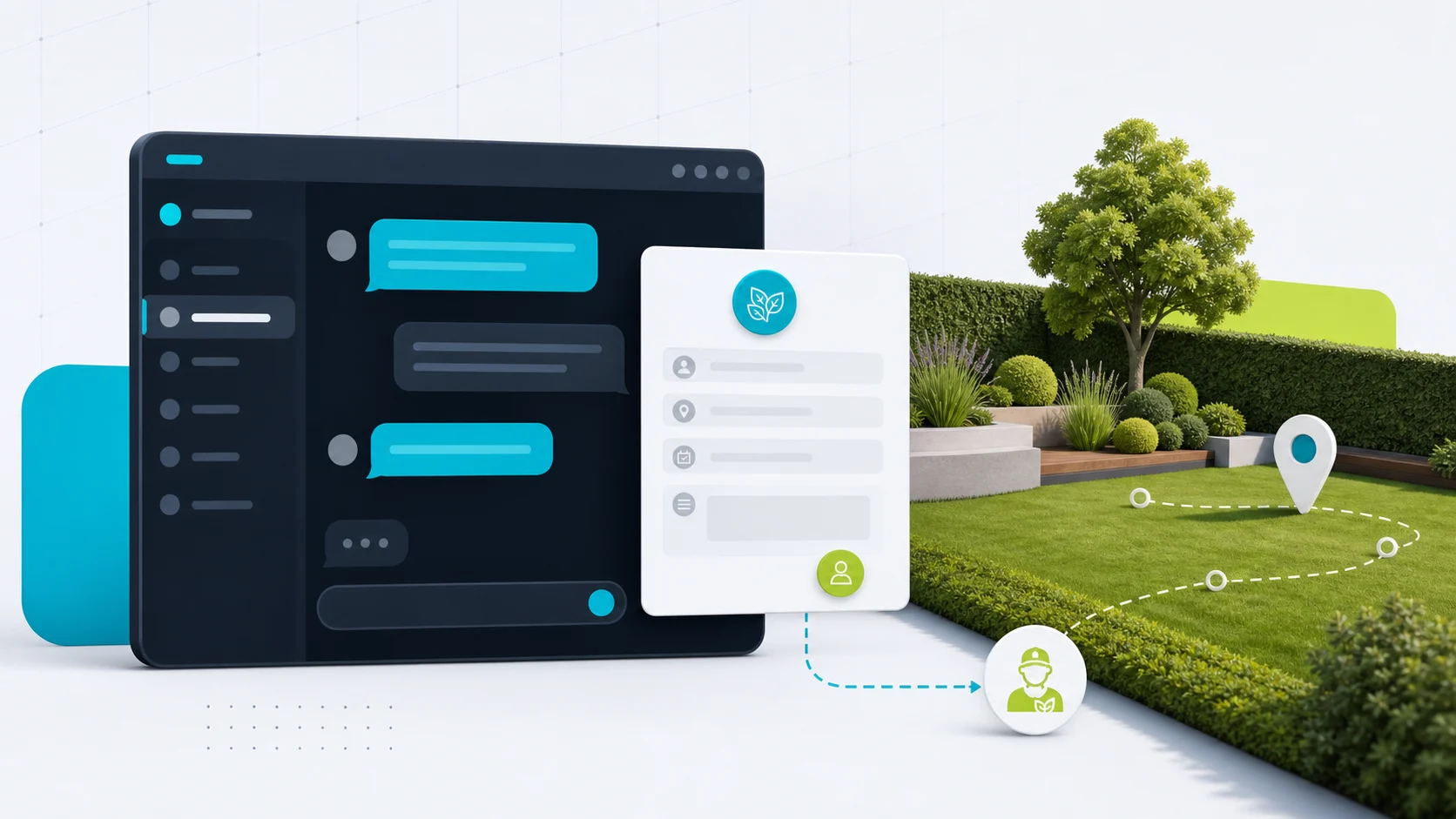 Editorial illustration of a landscaping and lawn-care chatbot collecting quote, property, and recurring maintenance details.