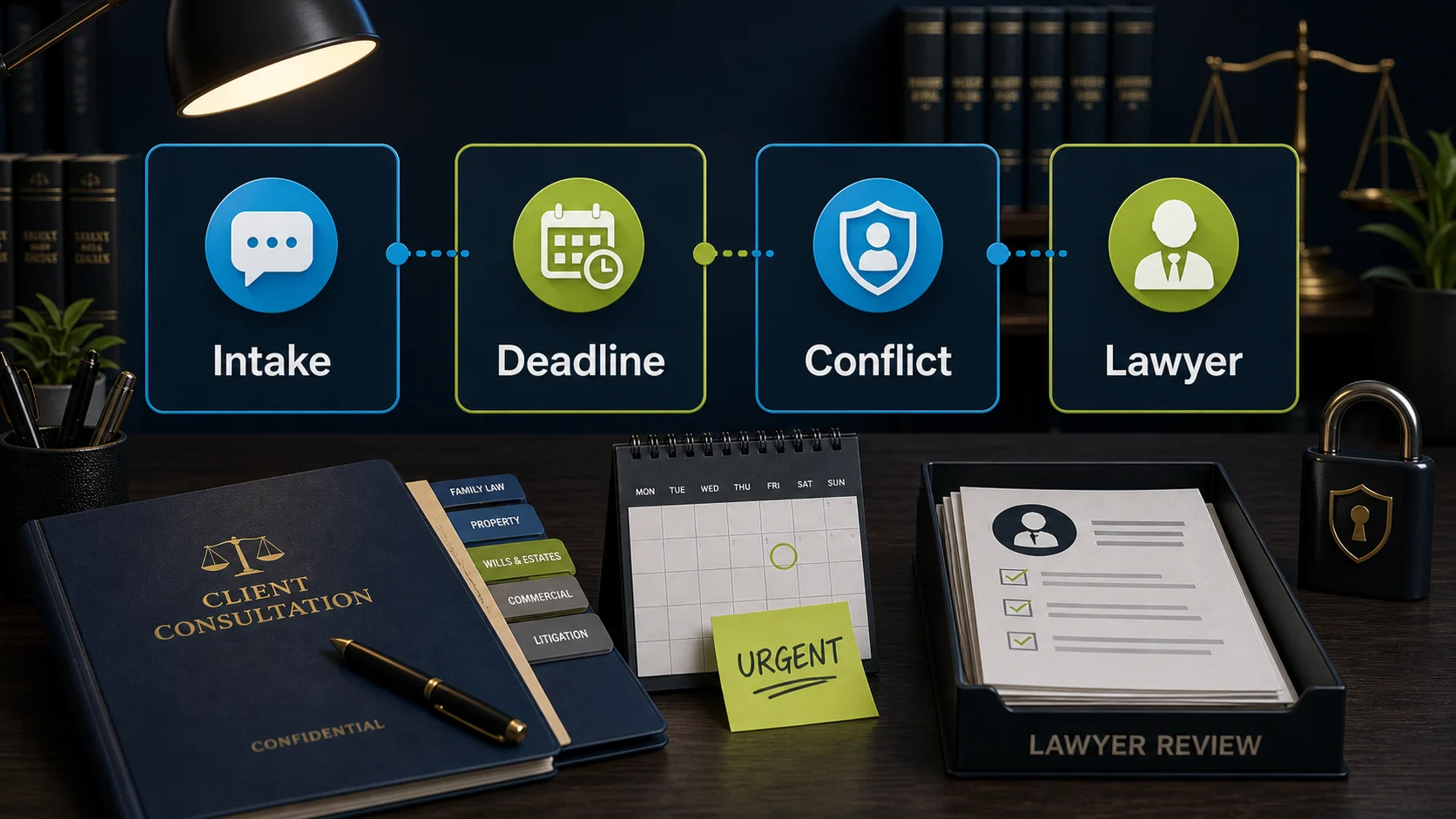 Law-firm intake desk with chatbot boundary cues for intake, deadline, conflict check, and lawyer review.