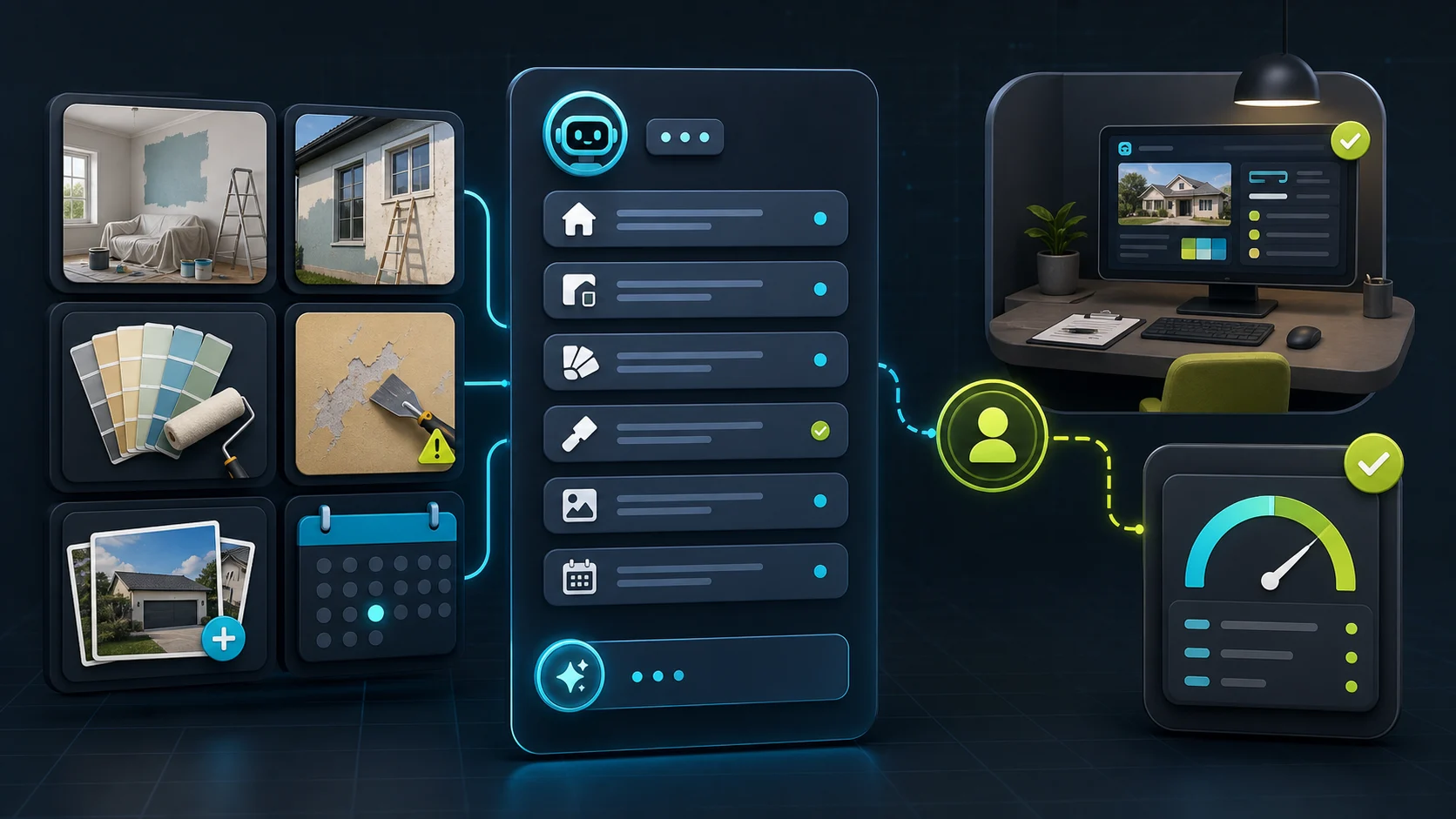 Editorial illustration of a painting contractor chatbot collecting room, surface, photo, timing, and estimate details before human review.
