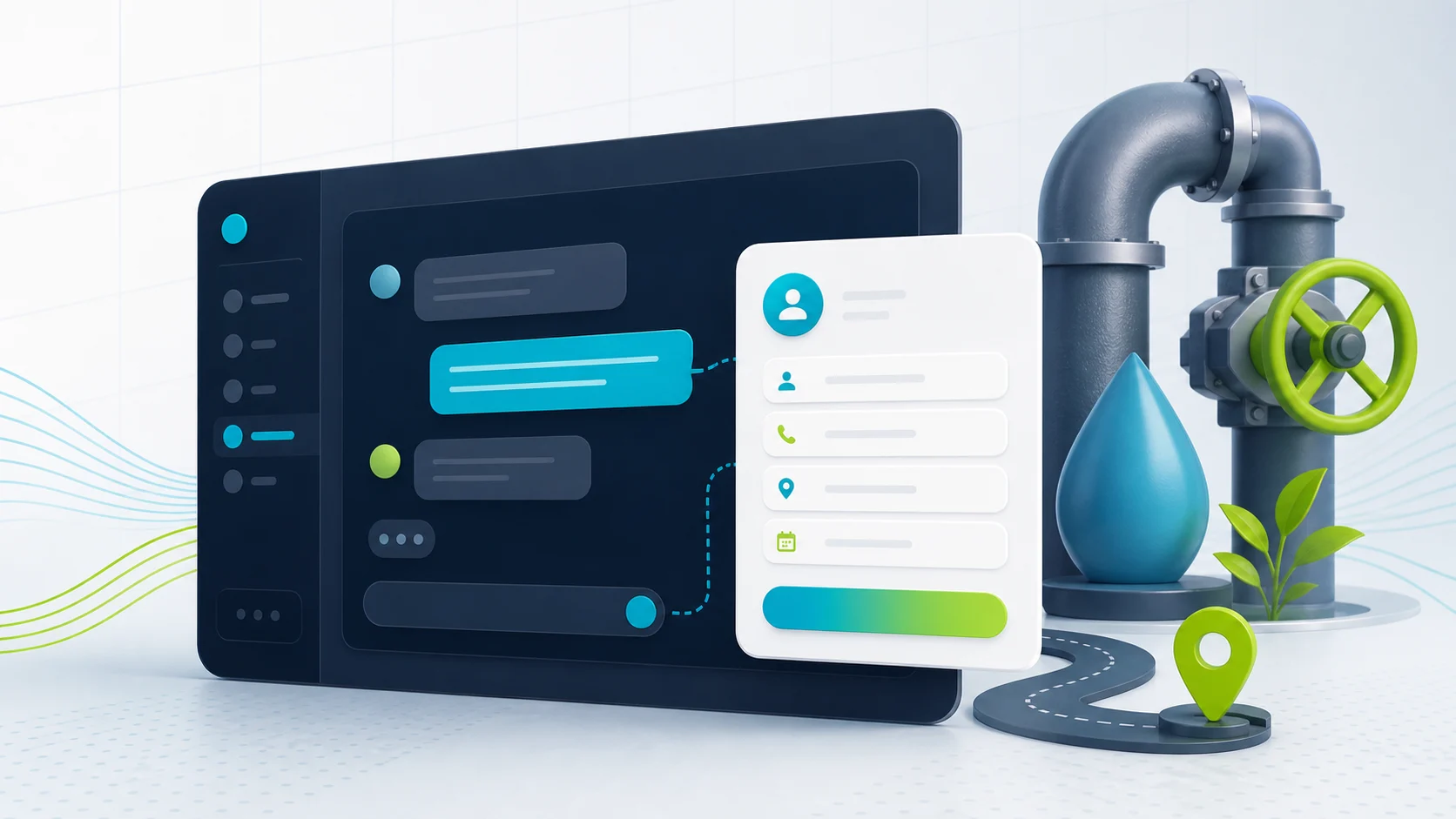 Editorial illustration of a plumbing chatbot collecting an after-hours service request before review.