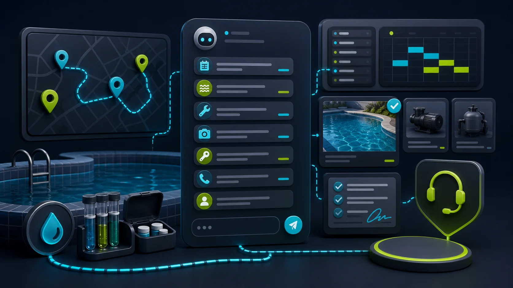 Editorial illustration of a pool service chatbot collecting maintenance, repair, photo, route, and handoff details before human review.