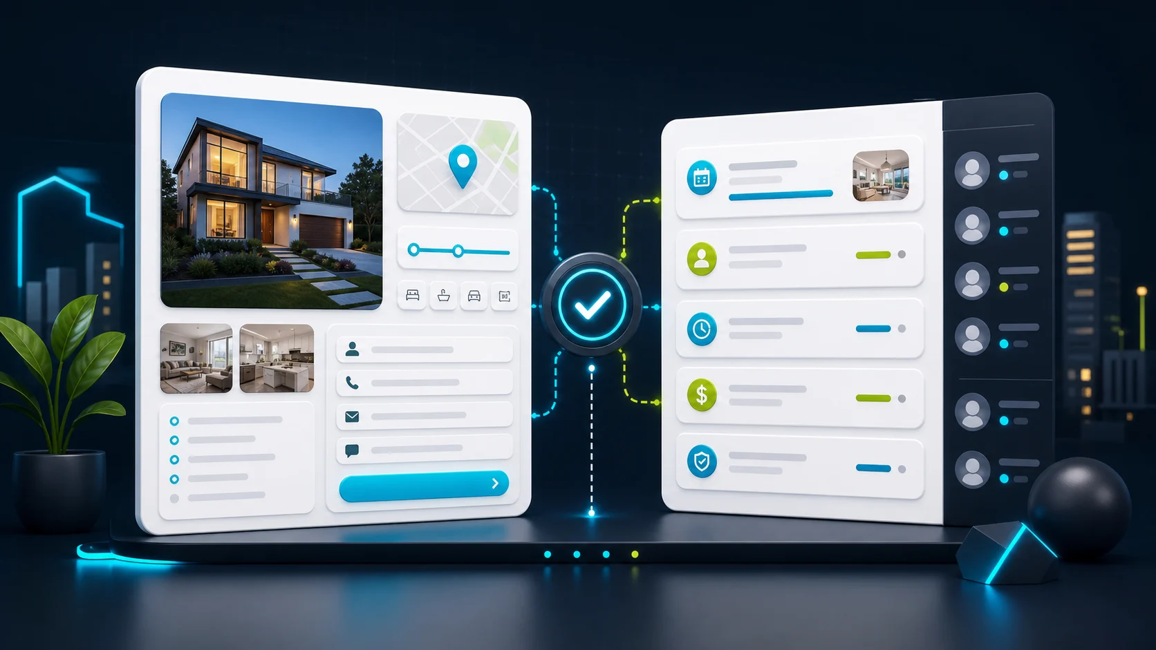 Editorial illustration of a real-estate chatbot collecting listing, showing, buyer timeline, budget, and agent handoff details.
