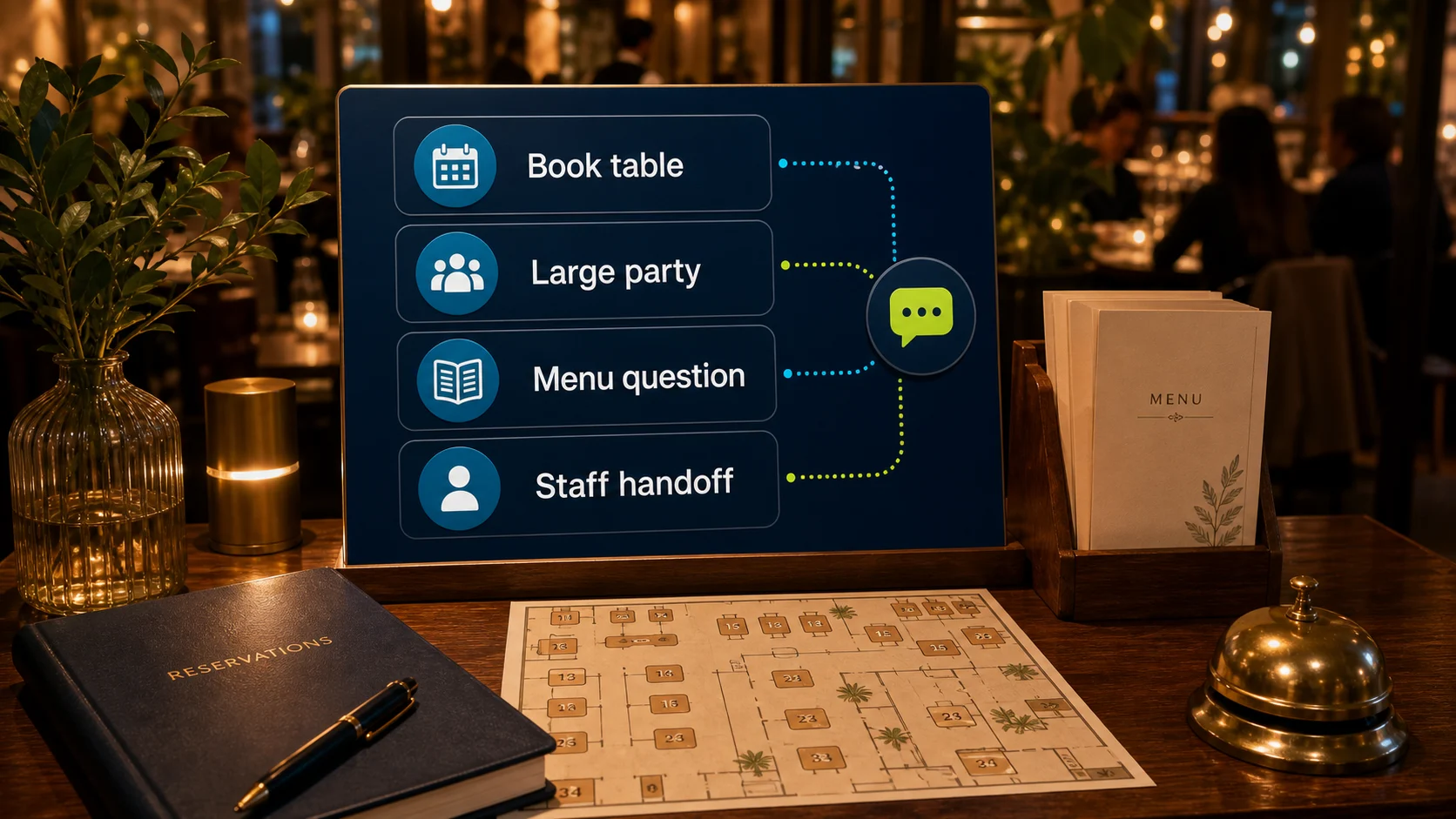 Restaurant host stand with chatbot routing for table booking, large parties, menu questions, and staff handoff.