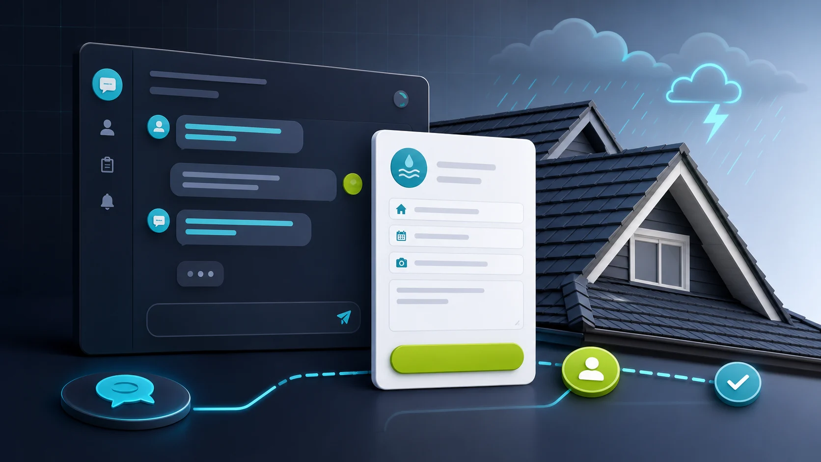 Editorial illustration of a roofing chatbot collecting storm, leak, and inspection lead details.