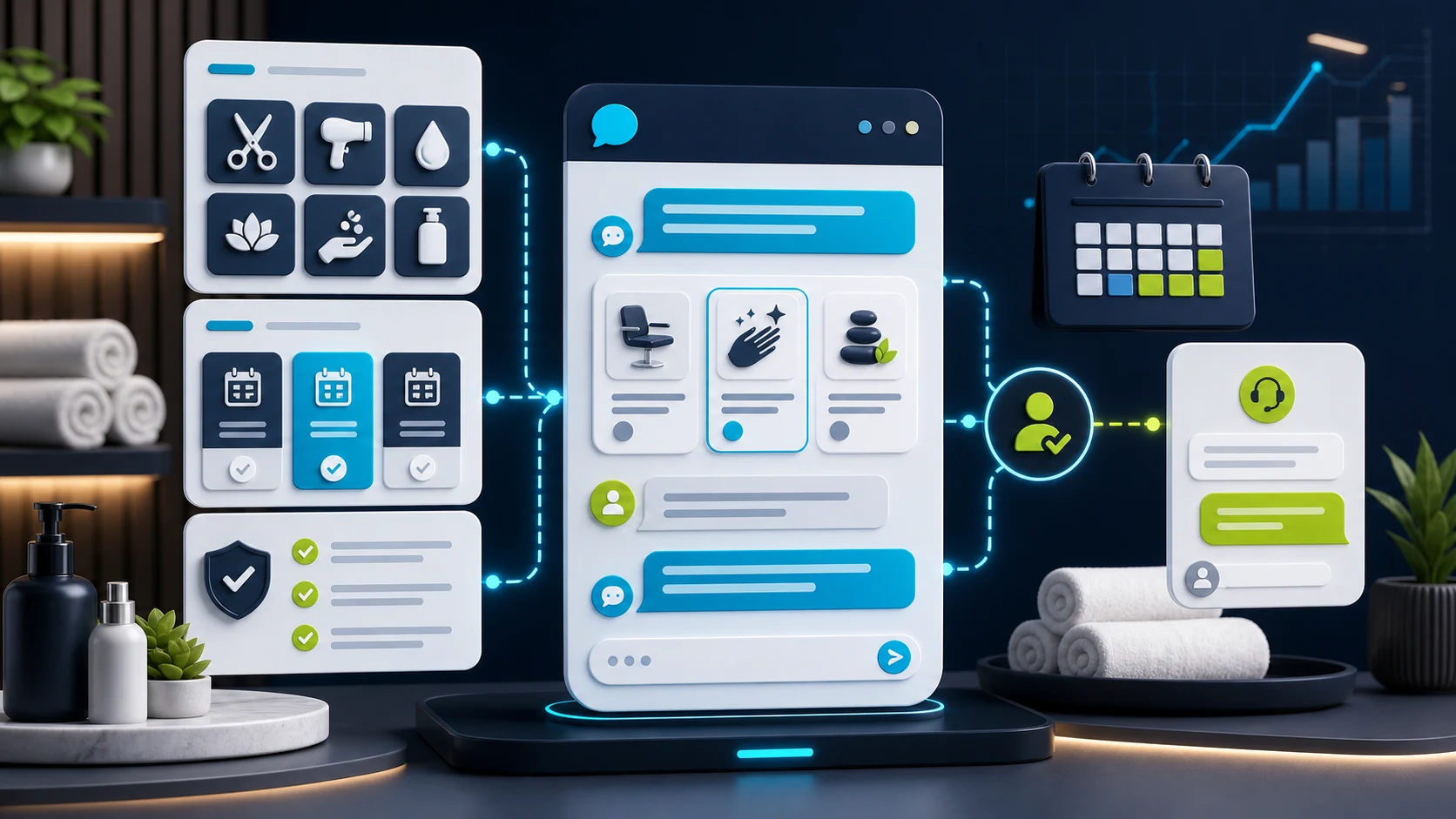Editorial illustration of a salon and spa chatbot collecting service interest, appointment-window, policy, and human handoff details before booking confirmation.