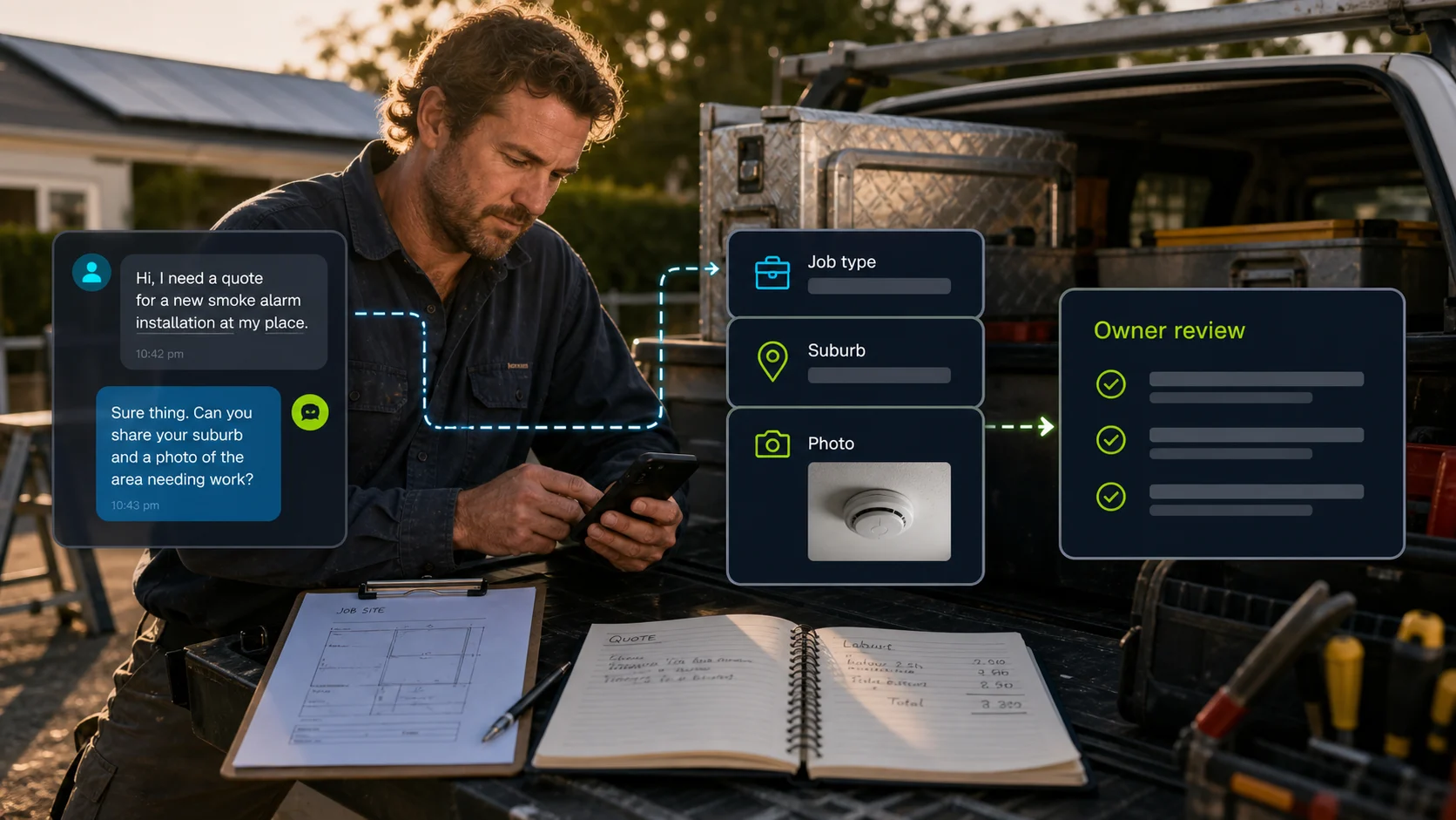 Australian trade desk and ute with chatbot quote-intake cues for job type, suburb, photos, and owner review.