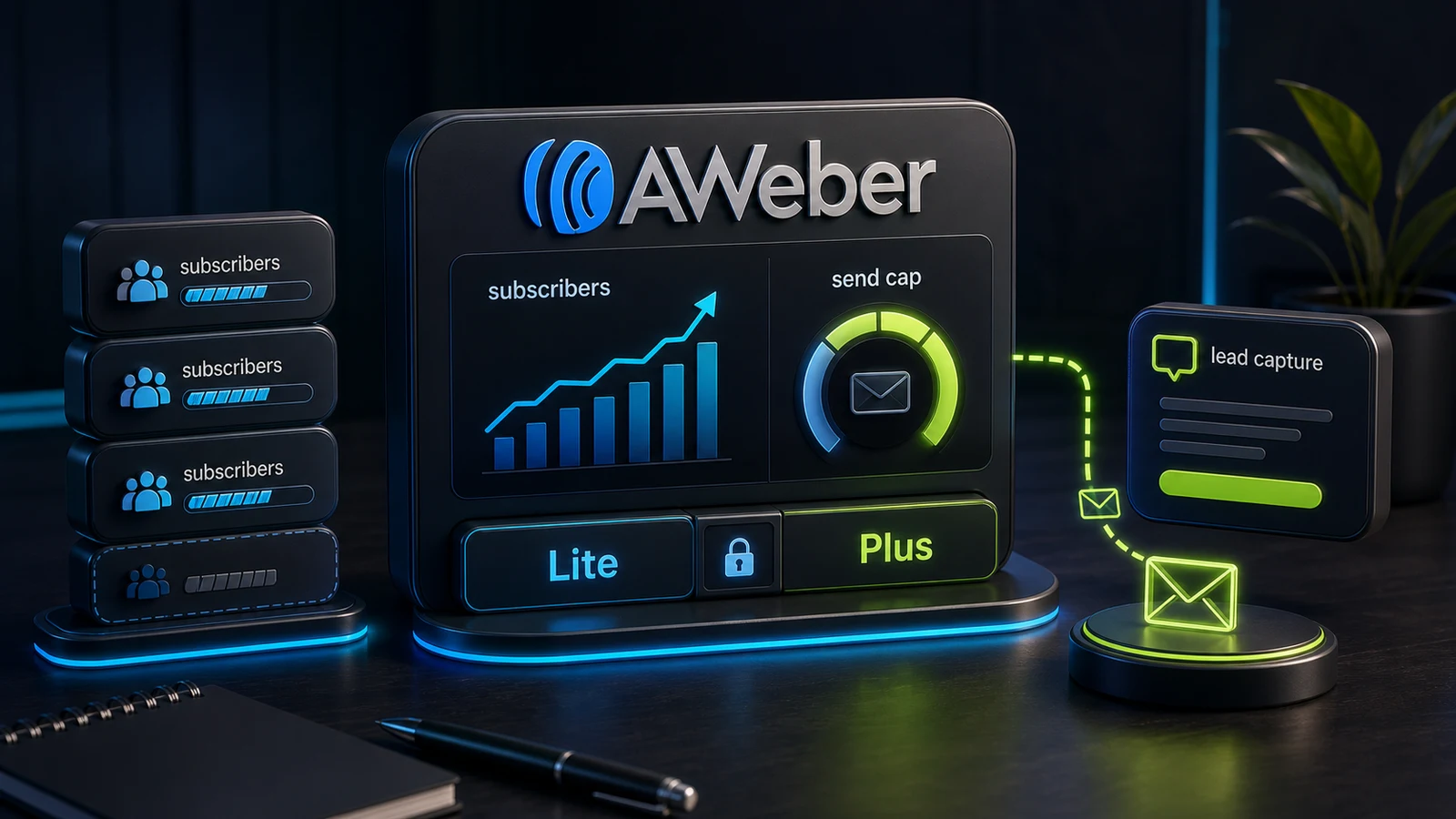 ChatbotEdge editorial image showing AWeber pricing as a subscriber and send-cap meter for chatbot-fed email lists.