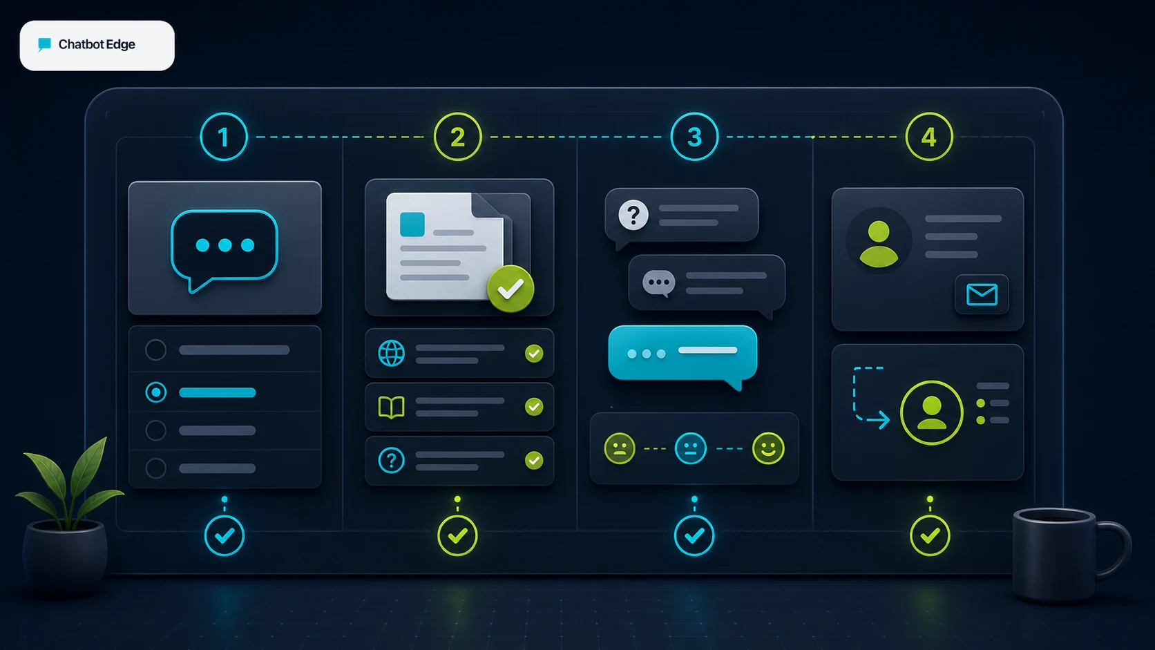 ChatbotEdge editorial image showing a four-step small-business chatbot rollout board with source cleanup, testing, and handoff.