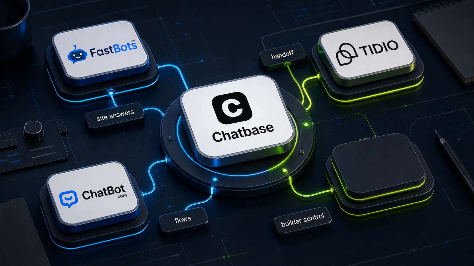 ChatbotEdge editorial image showing Chatbase at the center of alternative paths for site answers, handoff, flows, and builder control.