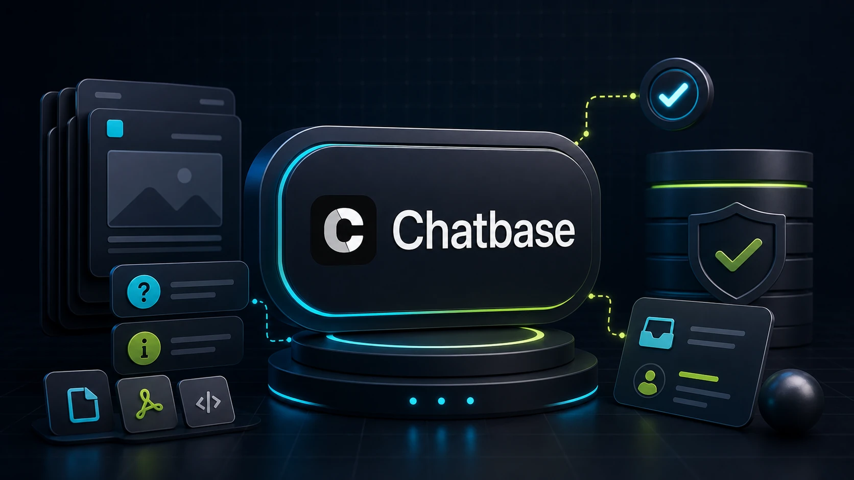 Editorial image showing a 3D Chatbase content-control badge with page, file, Q&A, handoff, and trust-check cues.