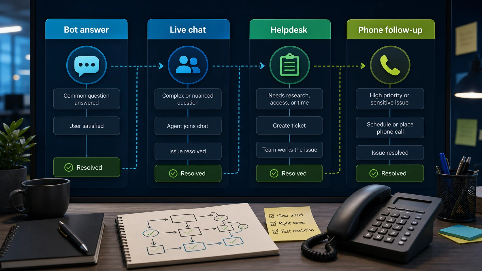 Support ownership map showing bot answers, live chat, helpdesk tickets, and phone follow-up.