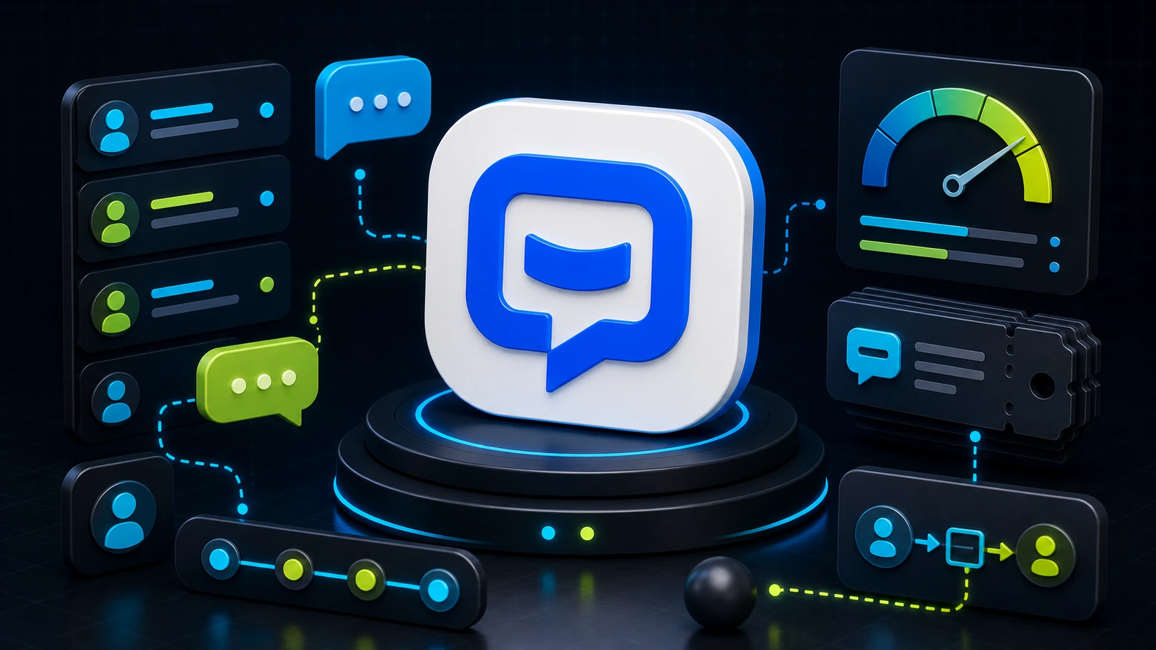 Editorial image showing a 3D ChatBot.com support-workspace icon with inbox, workflow, analytics, ticket, and handoff cues.
