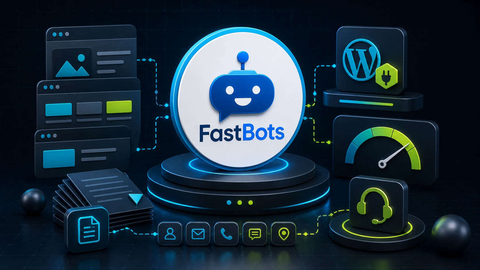 Editorial image showing a 3D FastBots review badge with website pages, lead-capture icons, WordPress setup, and pricing cues.