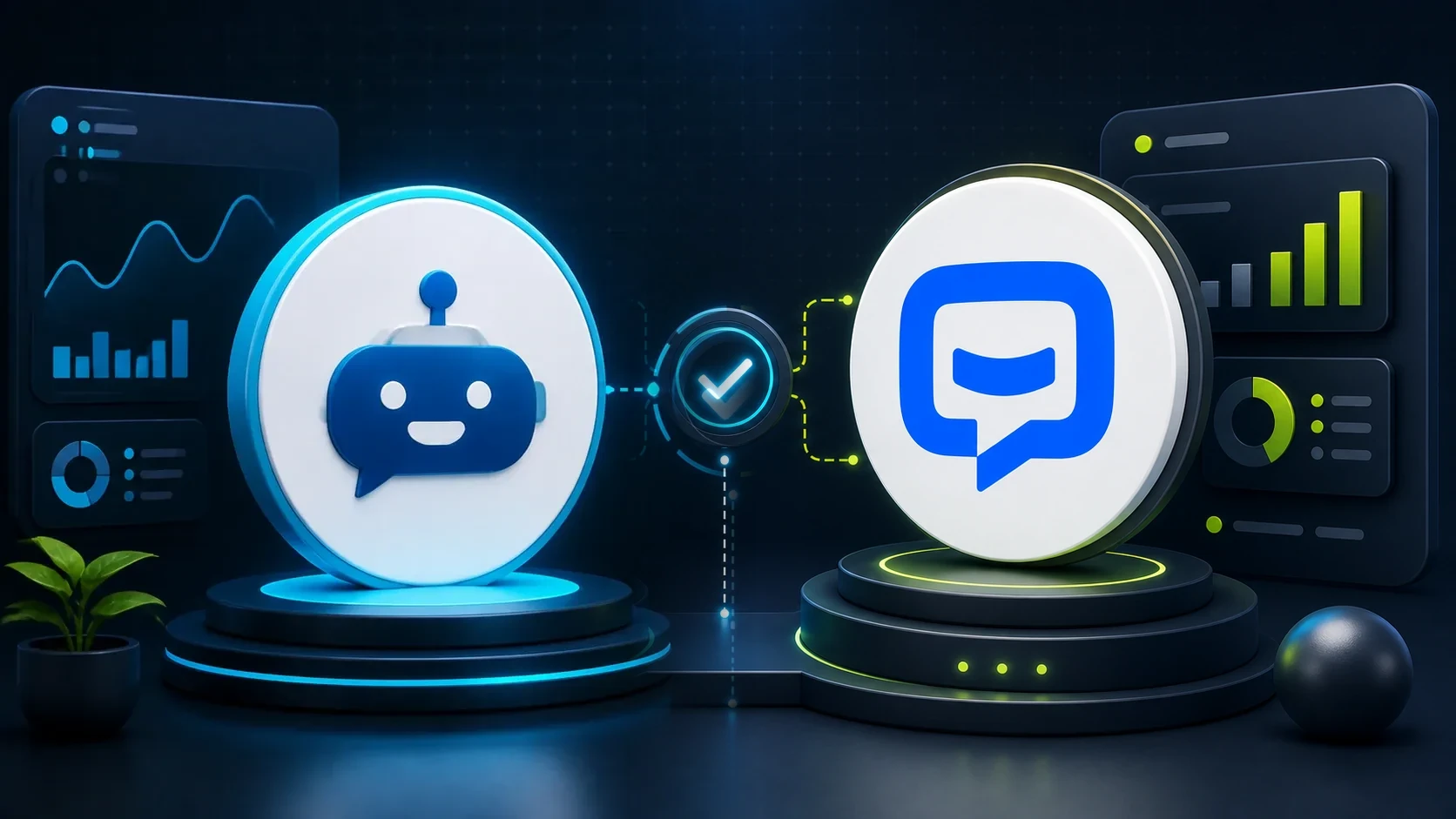 ChatbotEdge editorial comparison image showing FastBots and ChatBot.com medallions connected by a decision check.