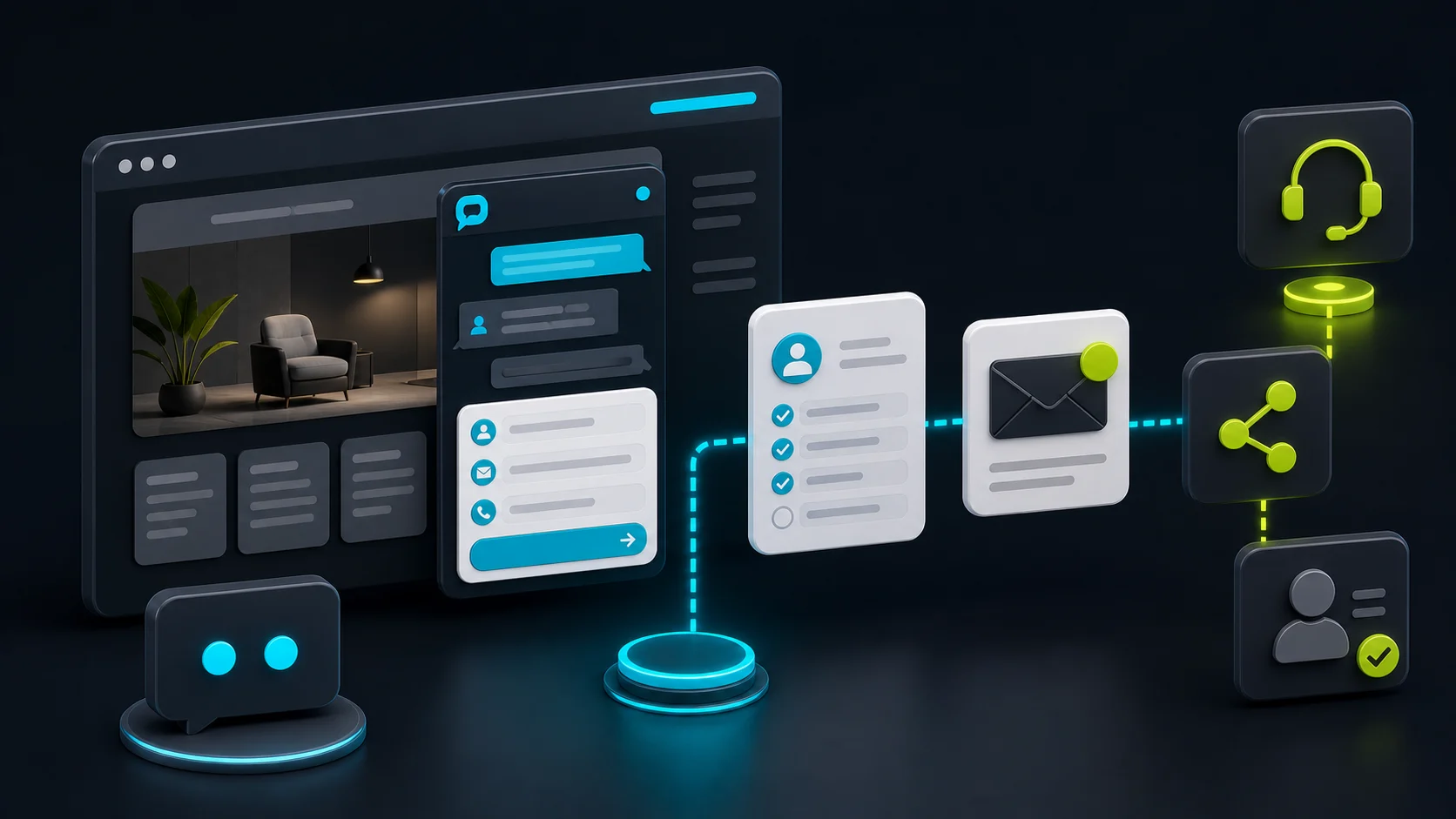 Editorial illustration of a WordPress chatbot collecting a qualified lead and routing it to email, CRM, and human handoff.
