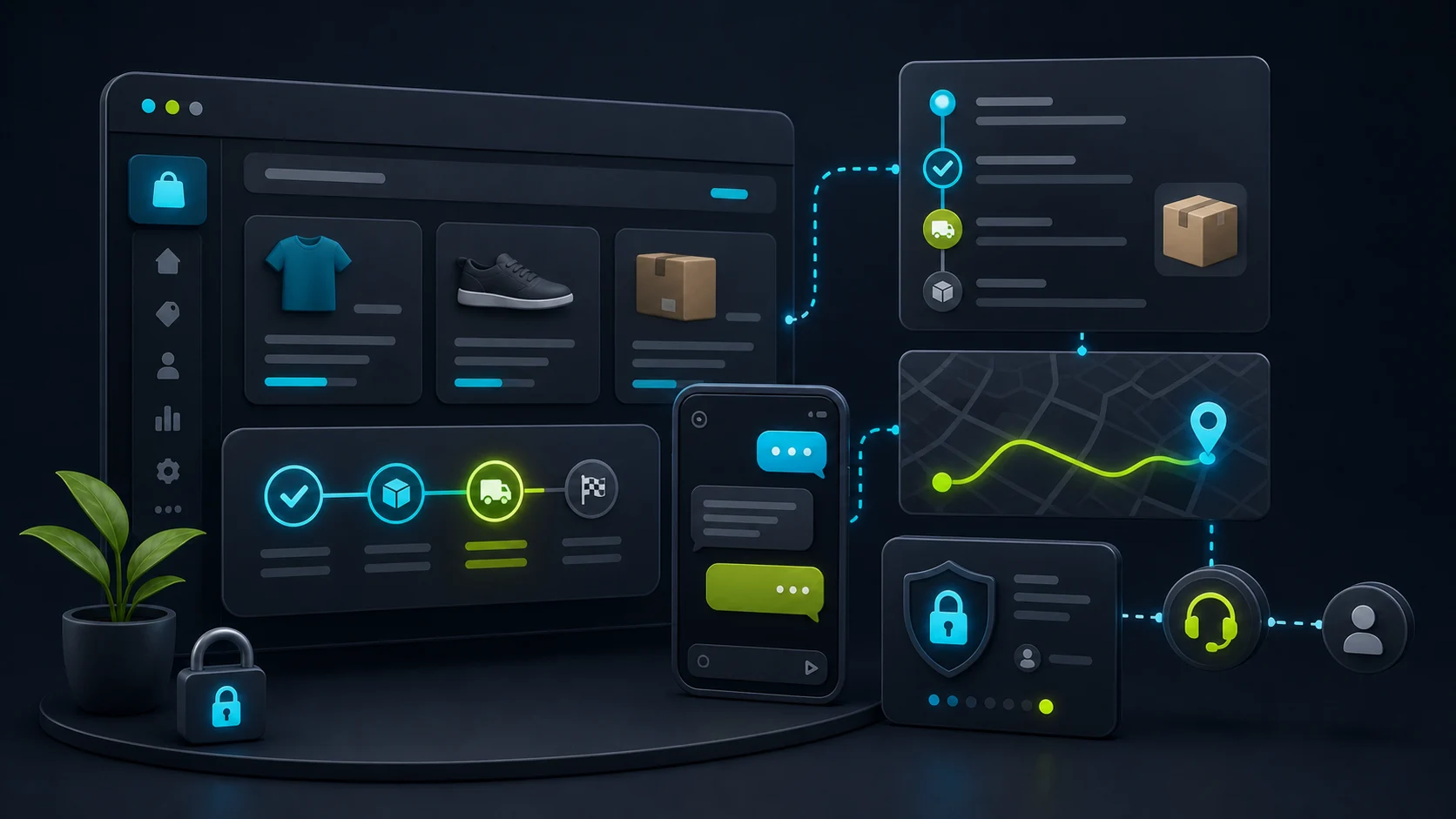 Editorial illustration of a Shopify order-status chatbot checking tracking data, customer verification, and support handoff.