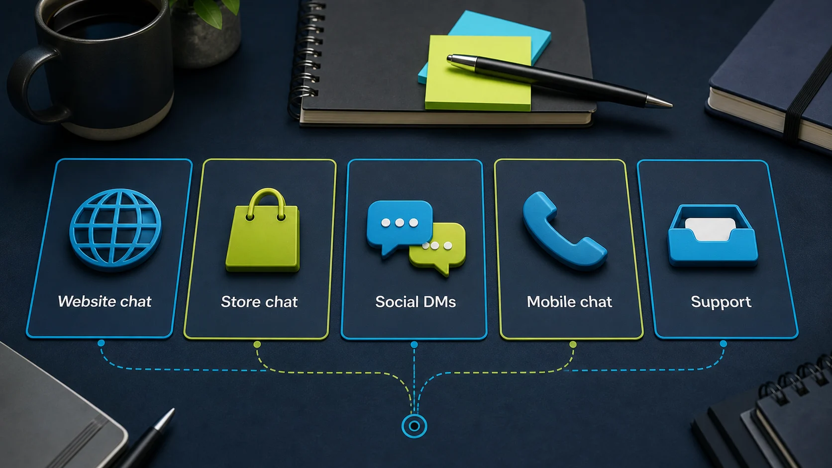 Small-business chatbot router showing website chat, store chat, social DMs, mobile chat, and support paths.