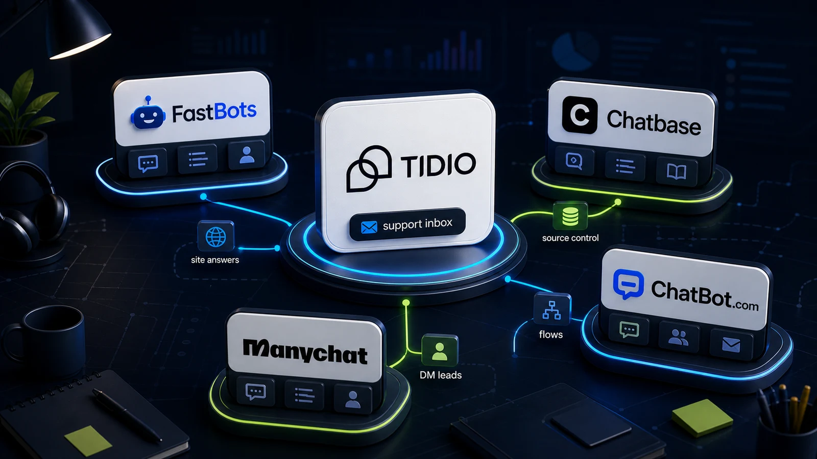 ChatbotEdge editorial image showing Tidio at the center of alternatives for support inbox, site answers, source control, flows, and DM leads.