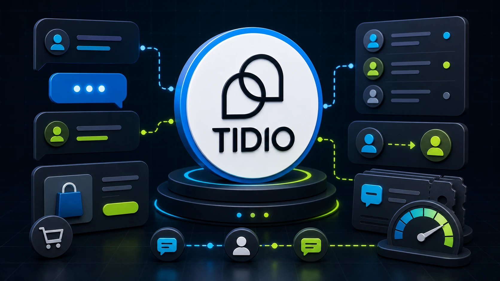 Editorial image showing a 3D Tidio support-flow badge with live chat, inbox, ecommerce, handoff, and response-meter cues.