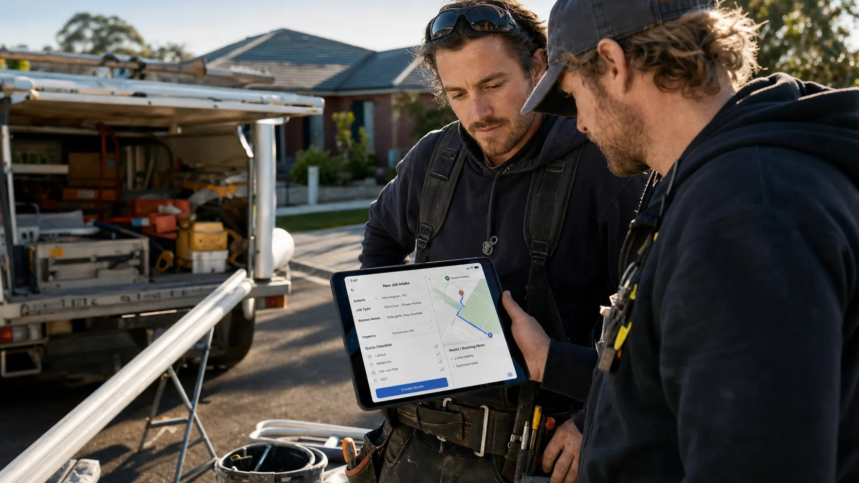 Australian tradies reviewing a job-intake tablet beside an open work ute on a suburban street.