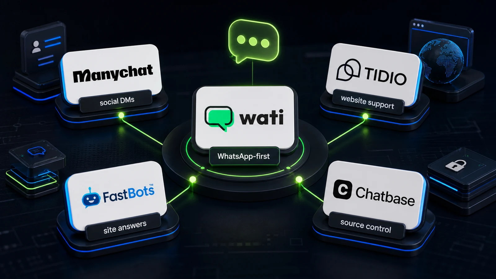 ChatbotEdge editorial image showing Wati at the center of channel alternatives for WhatsApp-first teams, social DMs, website support, and site-trained answers.
