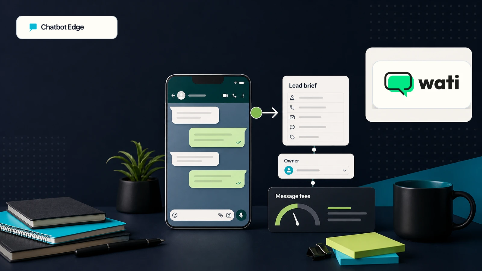 Editorial illustration of a WhatsApp-style lead conversation routed into a lead brief, owner assignment, message-fee meter, and Wati logo card.