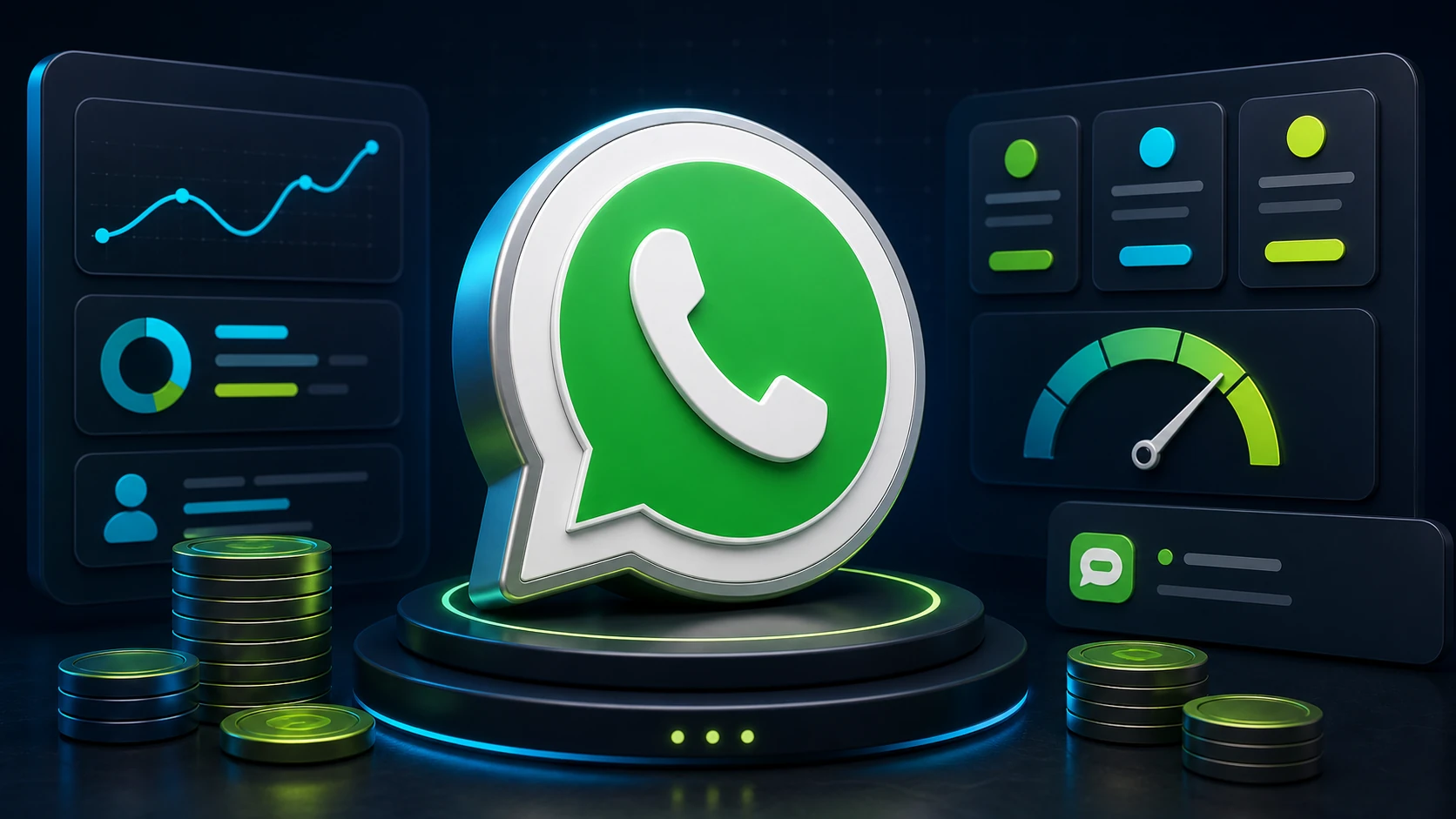 Editorial image showing a 3D WhatsApp mark with pricing meters, message counters, plan cards, and cost cues.