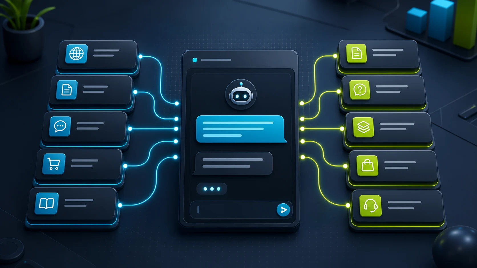 Editorial illustration of website pages, documents, FAQs, products, and help-center sources feeding an AI chatbot answer.