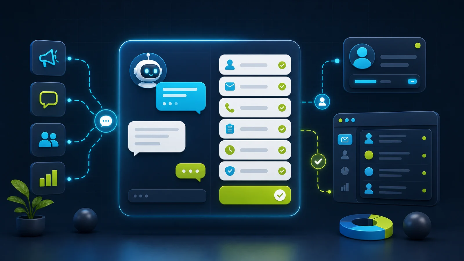 Editorial illustration of an AI chatbot collecting lead details and routing them to a human or CRM owner.