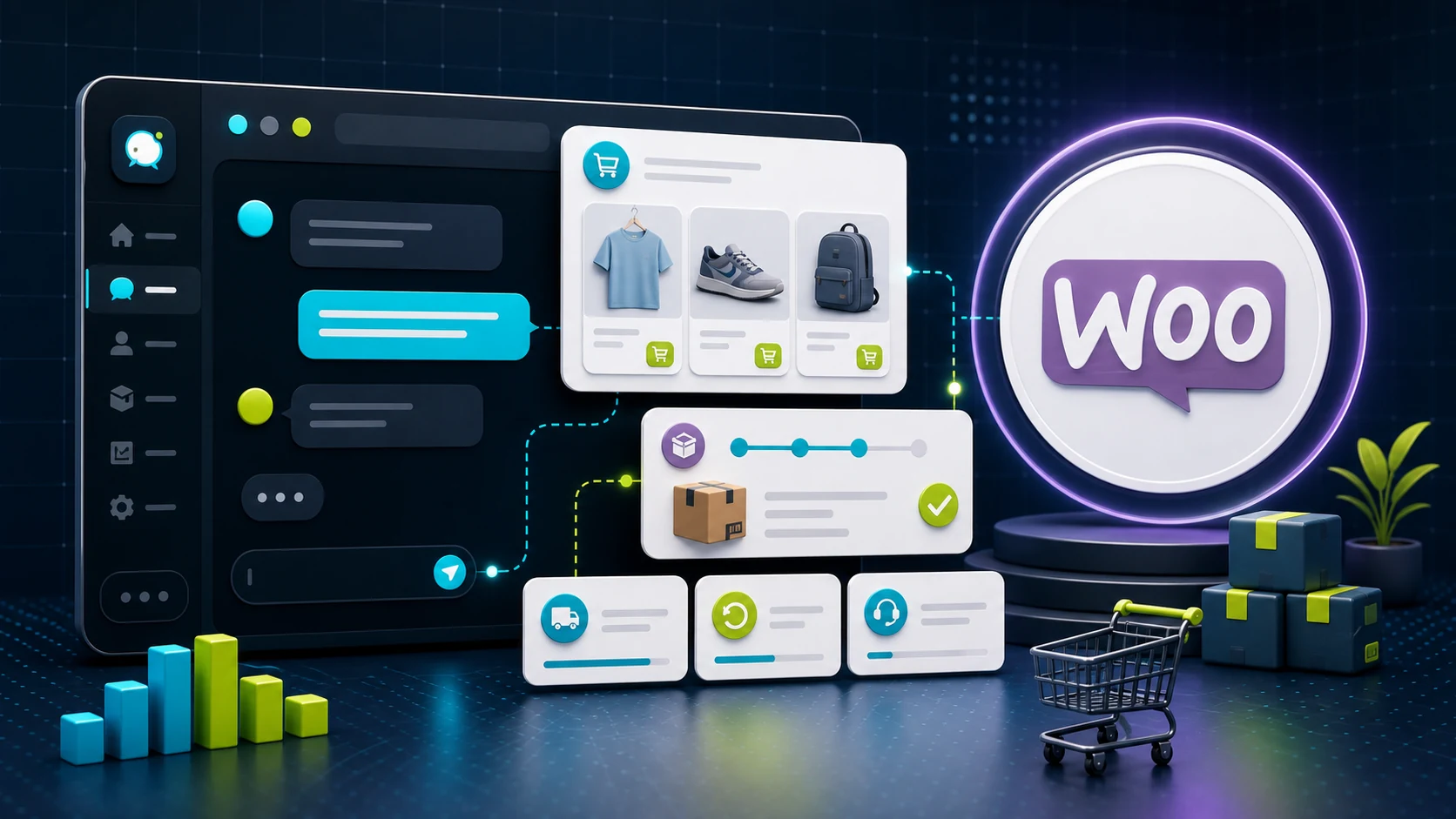 ChatbotEdge editorial image showing a WooCommerce chatbot product and order support workflow.