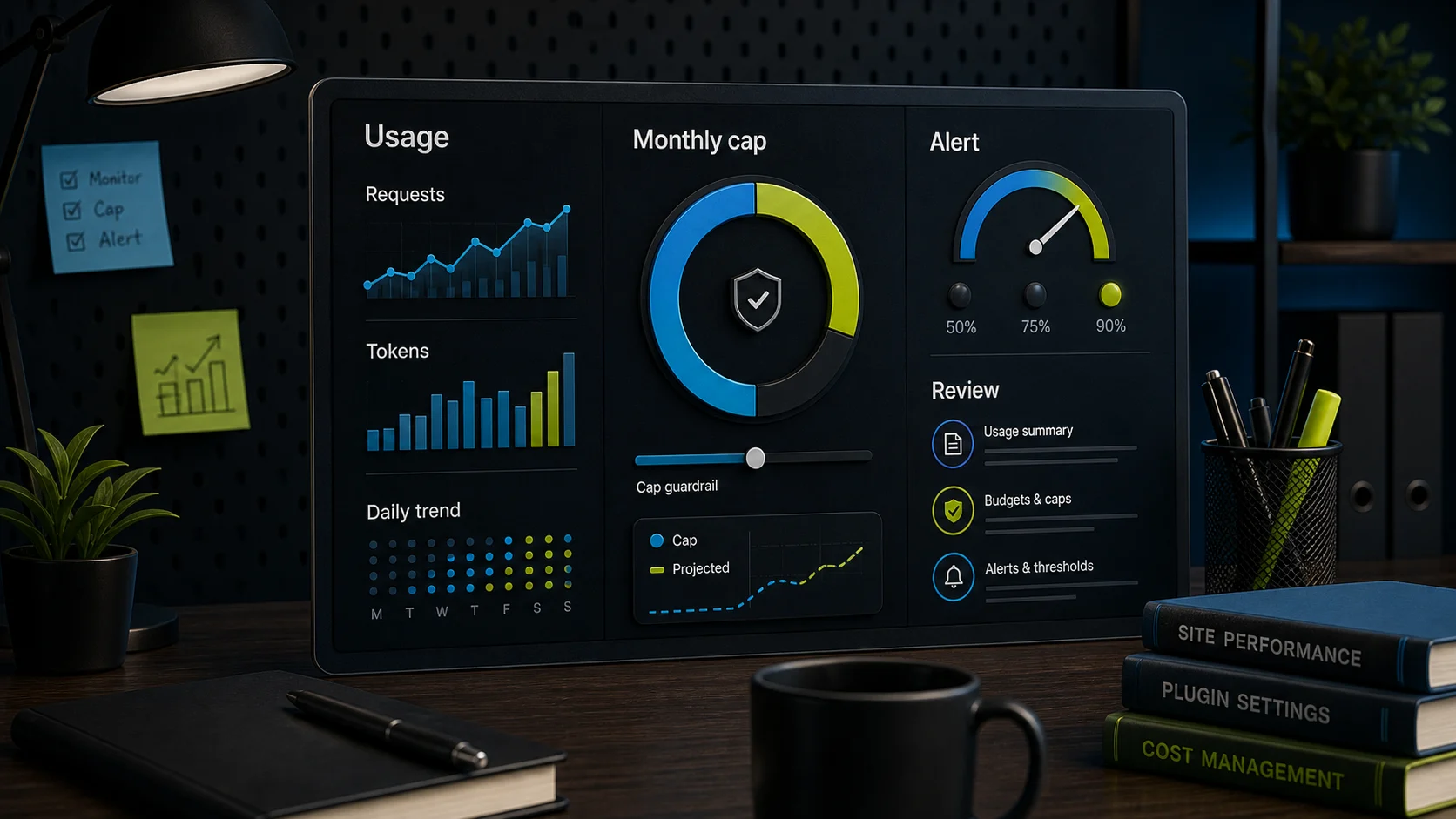 WordPress AI spend-control meter board with usage, monthly cap, alert, and review cues.