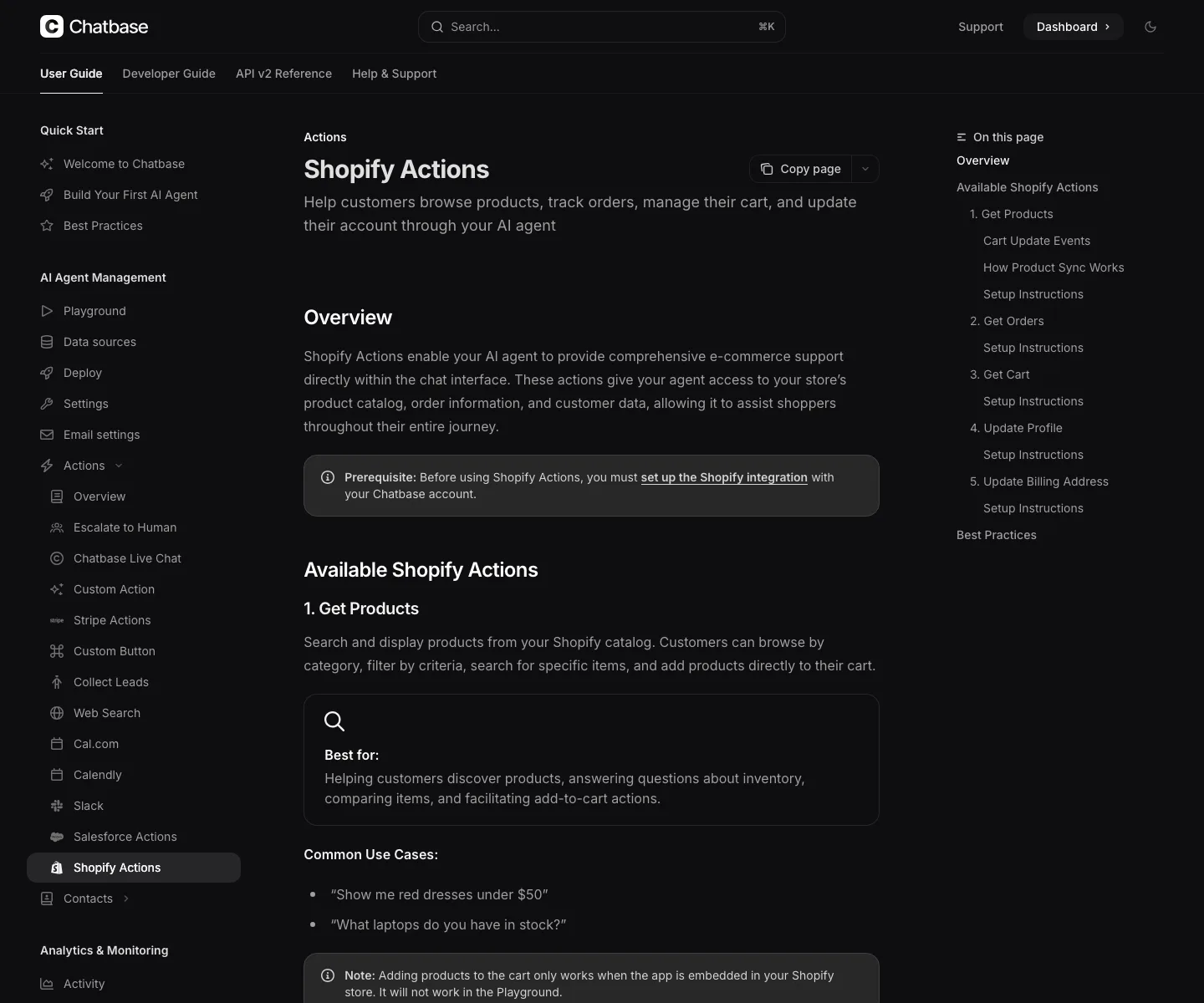 Chatbase Shopify Actions documentation page showing product, order, cart, profile, and billing address action categories.