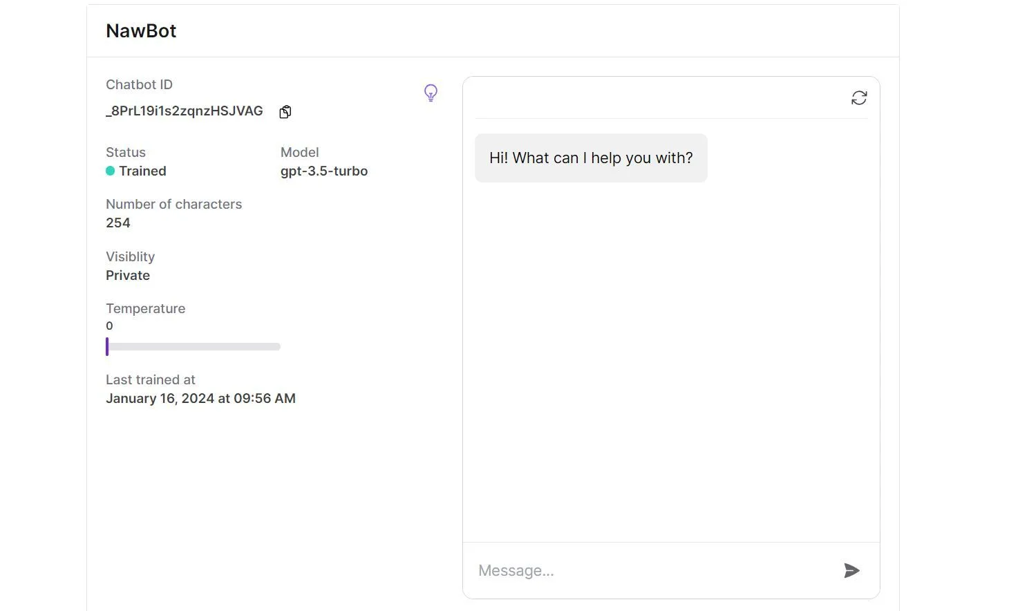 Chatbase live chatbot preview — user testing a question in the preview interface.