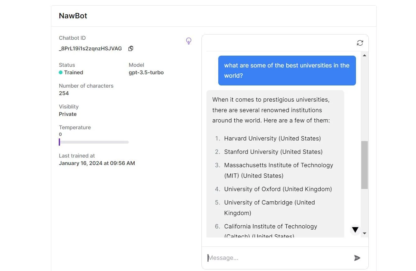 Chatbase chatbot responding to a user question in the preview interface.