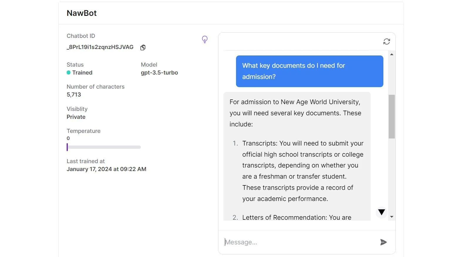 Chatbase agent answering a domain-specific question grounded in uploaded source material.